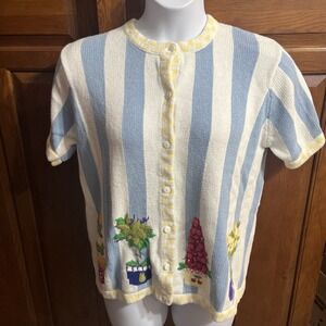 Quacker Factory Sz L Striped SS Sweater Checkered Embroidery Fruit Flowers